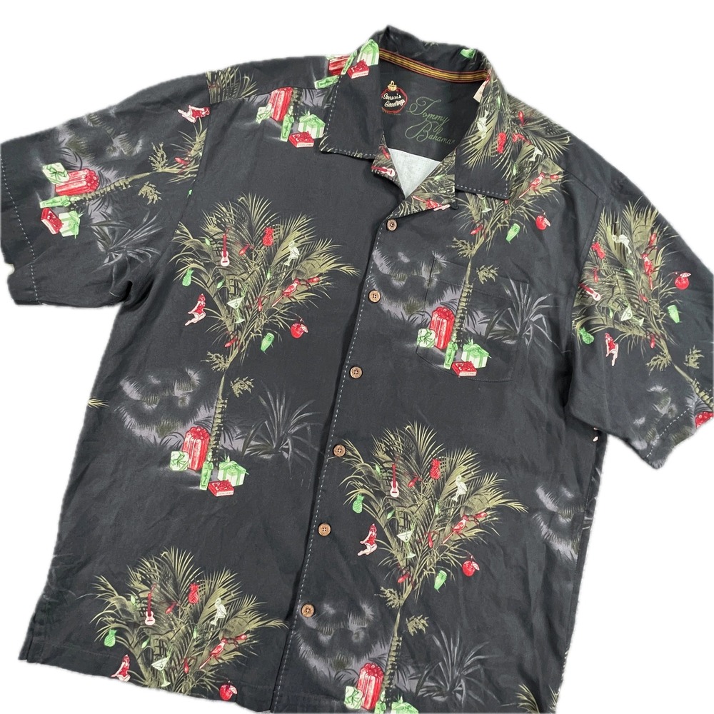 Tommy Bahama Seasons Greetings Christmas Palm Tree L Black Silk Wool Aloha Shirt